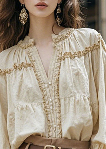 Apricot V Neck Ruffled Patchwork Cotton Shirt Fall