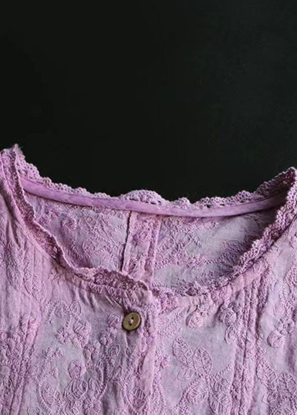 Purple Wrinkled Embroidered Linen Shirts Bracelet Sleeve
