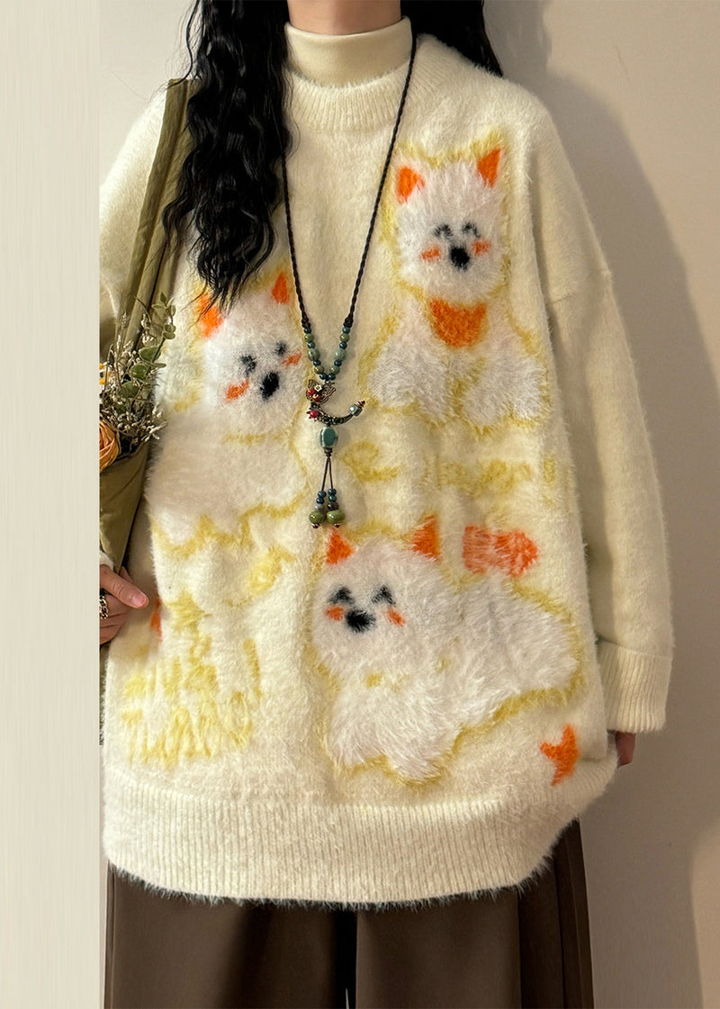 Apricot O-neck Little Dog Cozy Mink Hair Knitted Sweater Winter