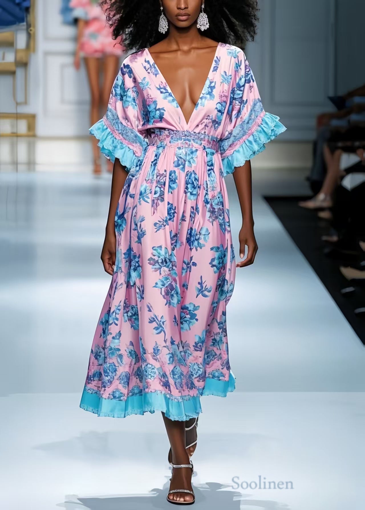 Style Pink Deep-v Neck Print Silk Dress Summer