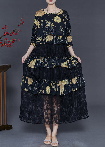 Black Print Patchwork Lace Vacation Dresses Fall