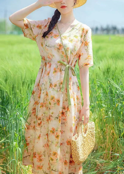 V Neck Print Drawstring Linen Dresses Summer