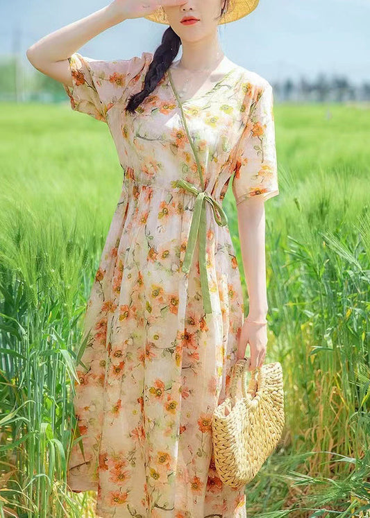V Neck Print Drawstring Linen Dresses Summer