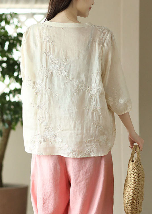 Fine Apricot Embroidered Button Patchwork Linen Top Summer