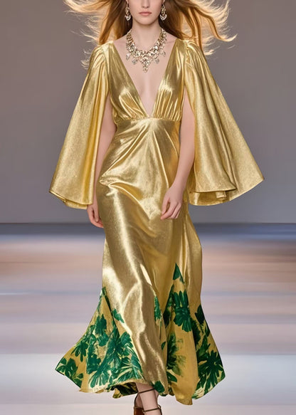 Yellow Deep-v Neck Print Silk Party Dress Cloak Sleeves