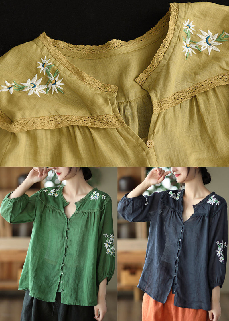 Navy Patchwork Linen Shirts Embroidered Button Bracelet Sleeve