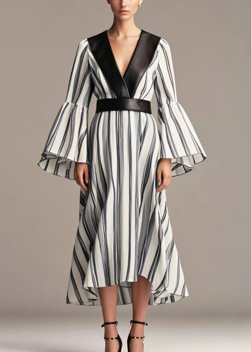 Black Striped Patchwork Cotton Cinched Dresses Flare Sleeve