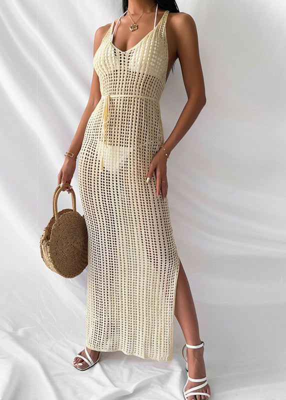 Modern White V-neck Hollow Out Low High Design Maxi Knit Swimwear Cover Up Dress