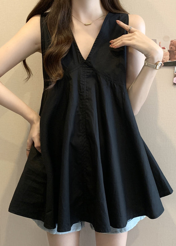 Black V Neck Patchwork Top Summer