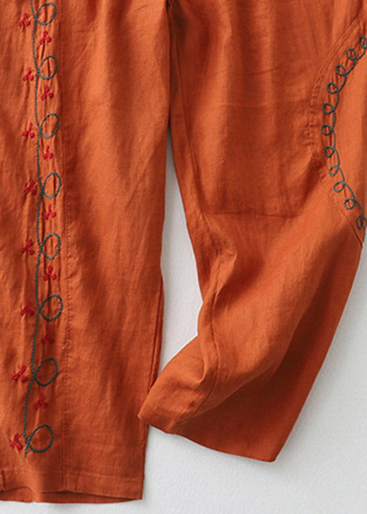 Loose Orange Embroidered Elastic Waist Cotton Harem Pants Summer
