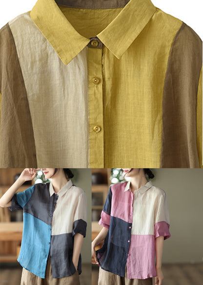 Yellow Peter Pan Collar Ramie Shirts Summer