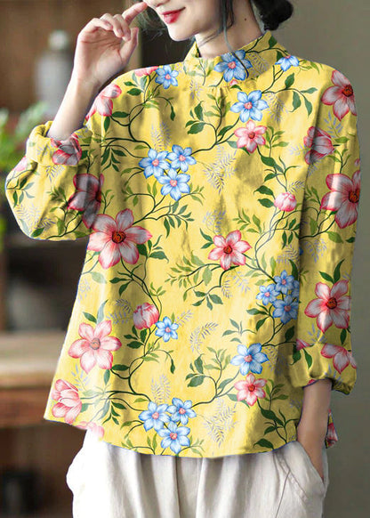 Stylish Yellow Flower Embroidered Retro Linen Blouse Tops Spring