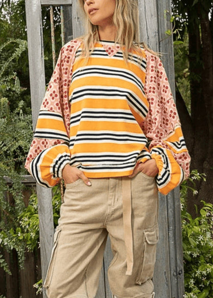 Stylish Yellow O Neck Striped Print Patchwork Cotton Top Lantern Sleeve