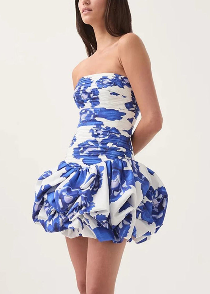 Slim Fit Rose Strapless Print Wrinkled Cotton Mid Dress Sleeveless