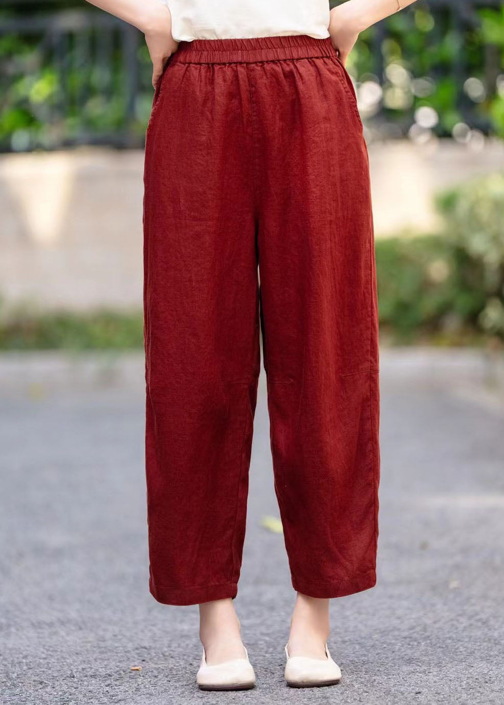 Stylish Mulberry Elastic Waist Pockets Linen Harem Pants Summer