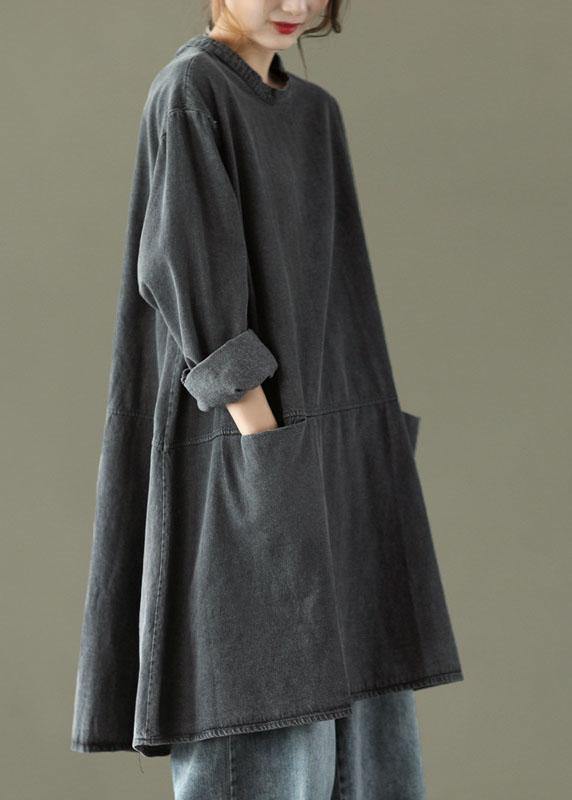 Black Grey O-neck Pockets Denim Long Dresses Long Sleeve