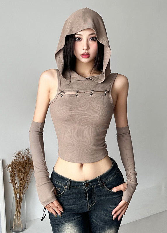 Khaki Patchwo Hollow Out Hooded Top Sleeveless