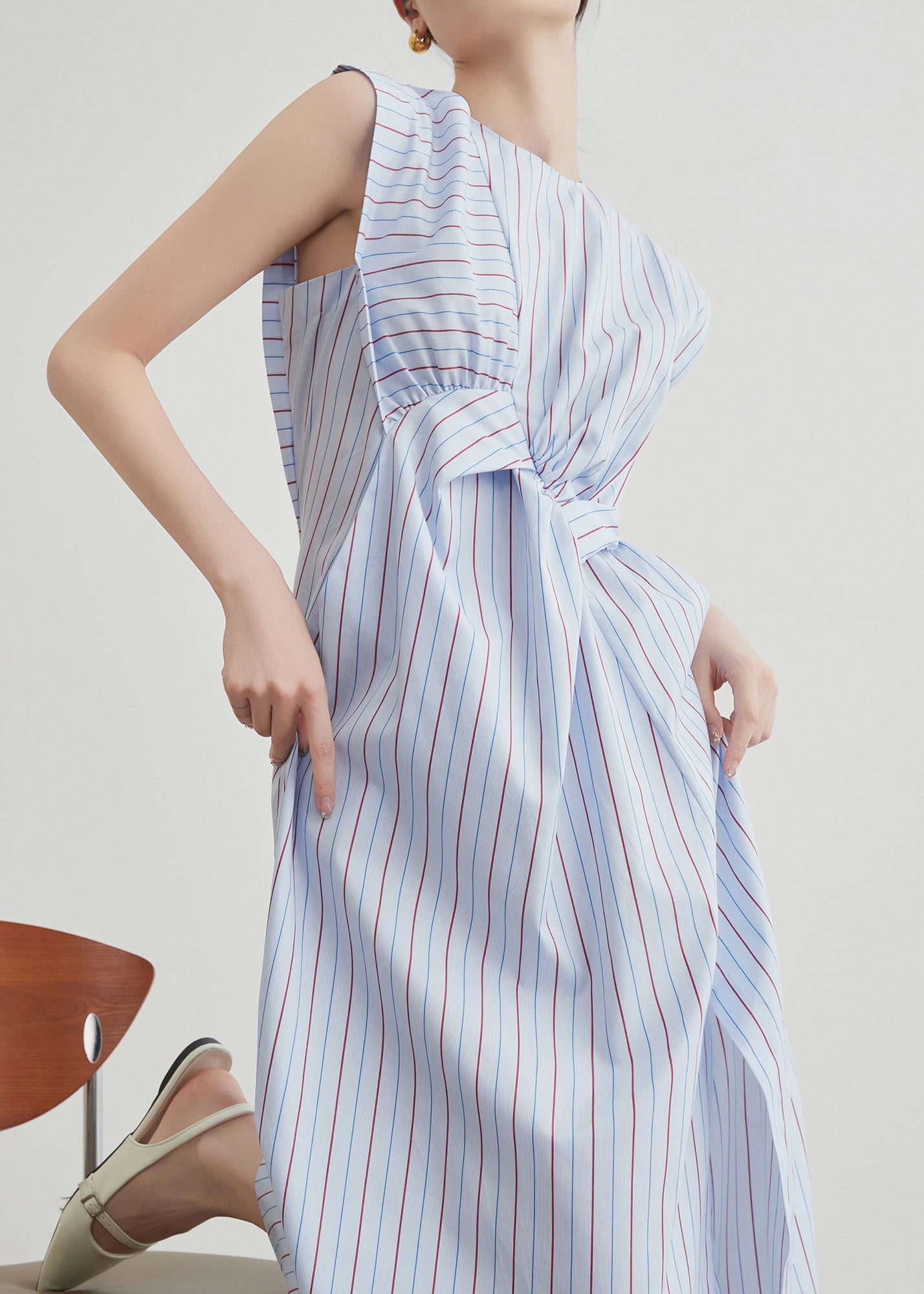 Striped Hollow Out Side Open Cotton Long Dress Sleeveless