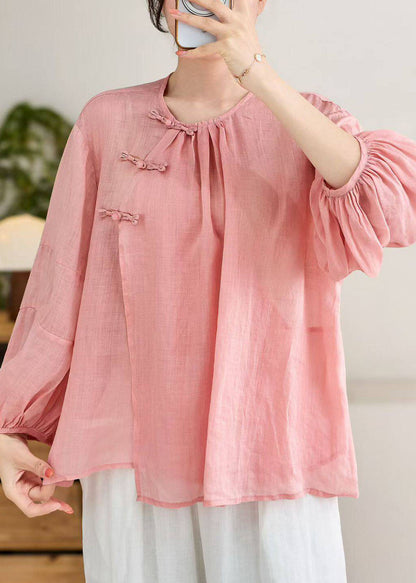 Blue O Neck Oriental Button Linen Shirt Top Lantern Sleeve