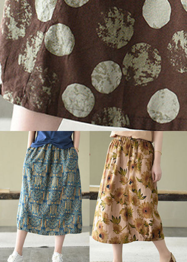 Blue Elastic Waist Pockets Print Linen Skirts Summer
