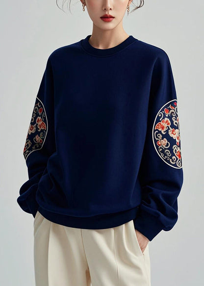 Navy O Neck Print Cotton Pullover Sweatshirts Fall