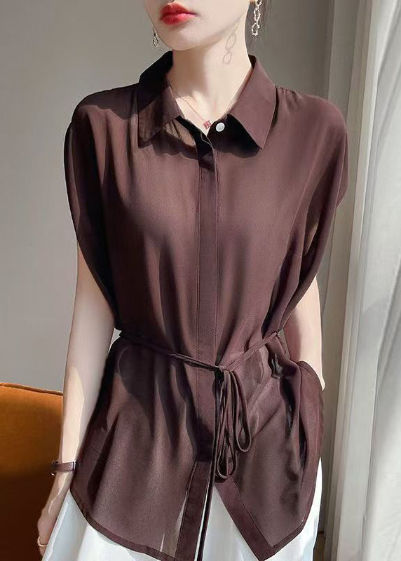 Coffee Lace Up Chiffon Blouses Peter Pan Collar