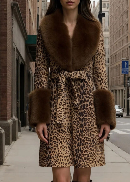 New Leopard Peter Pan Collar Lace Up Fuzzy Fur Fluffy Coat Fall