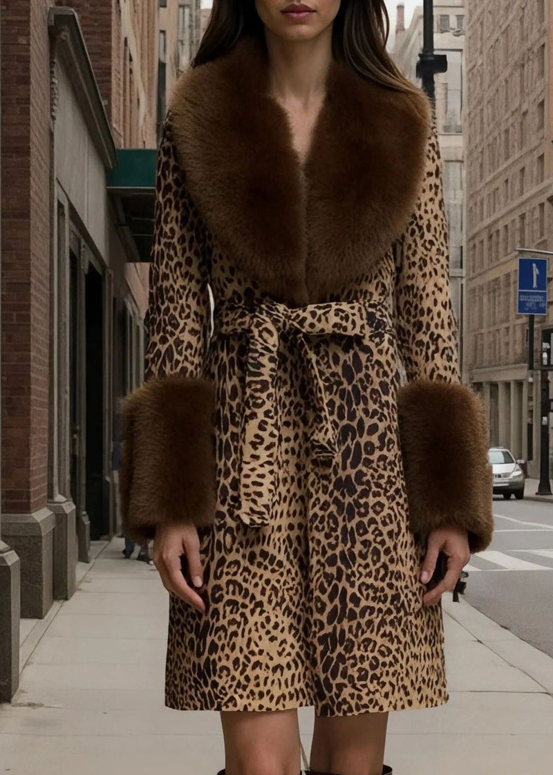 New Leopard Peter Pan Collar Lace Up Fuzzy Fur Fluffy Coat Fall
