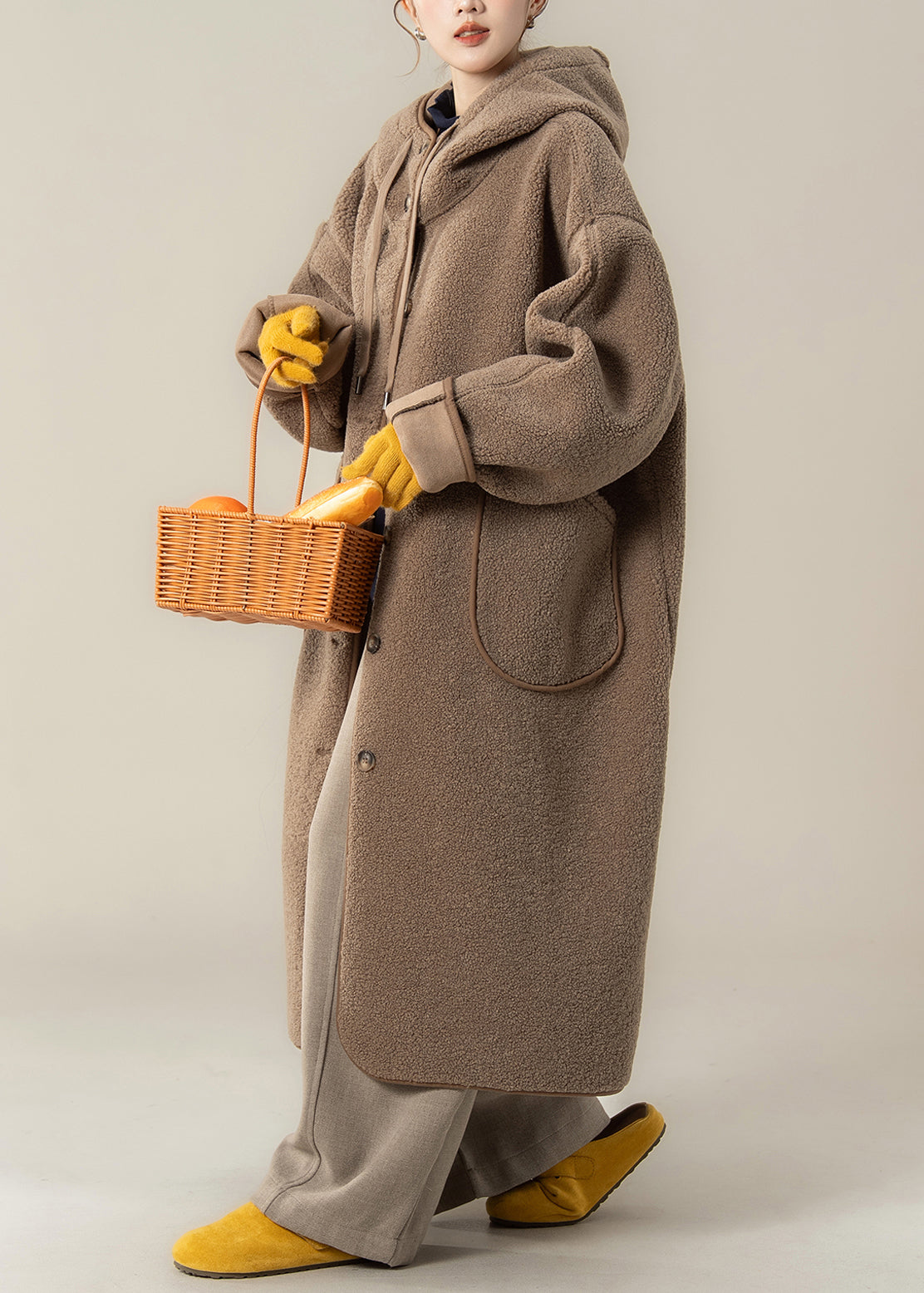 Loose Coffee Hooded Button Pockets Teddy Long Coats Winter