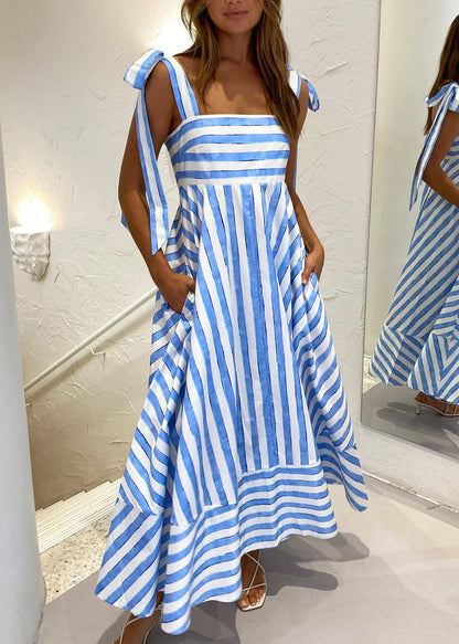 Modern Blue Striped Lace Up Cotton Spaghetti Strap Dress Summer