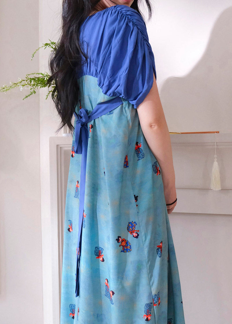 Brief Blue Square Collar Print Long Dresses Pajama Short Sleeve