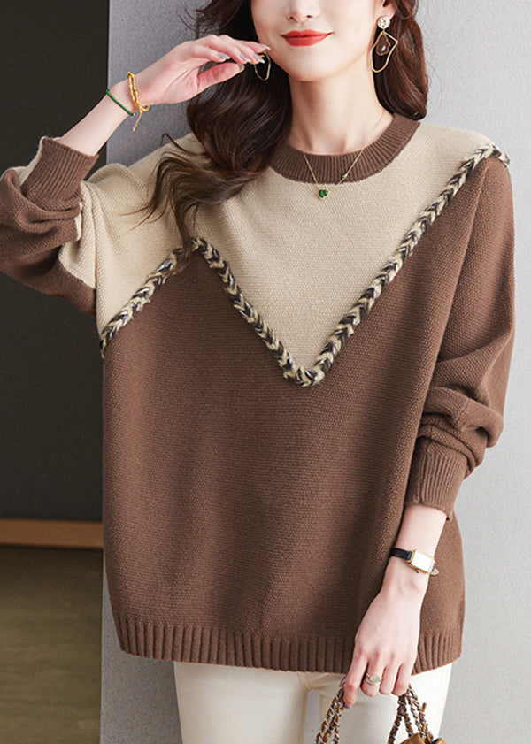 Black O Neck Patchwork Woolen Knit Sweaters Spring