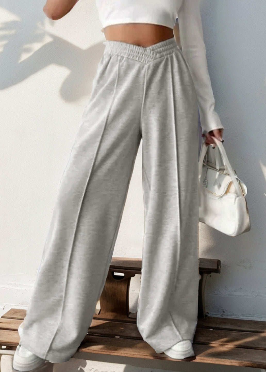 Loose Light Grey Elastic Waist Cotton Pants Spring