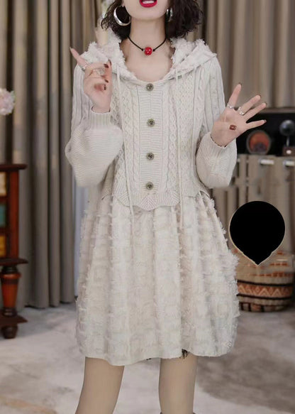 Beige Hooded Patchwork Knit Mid Dress Winter