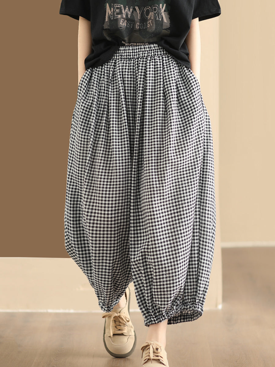 Summer Plaid Cotton Harem Pants
