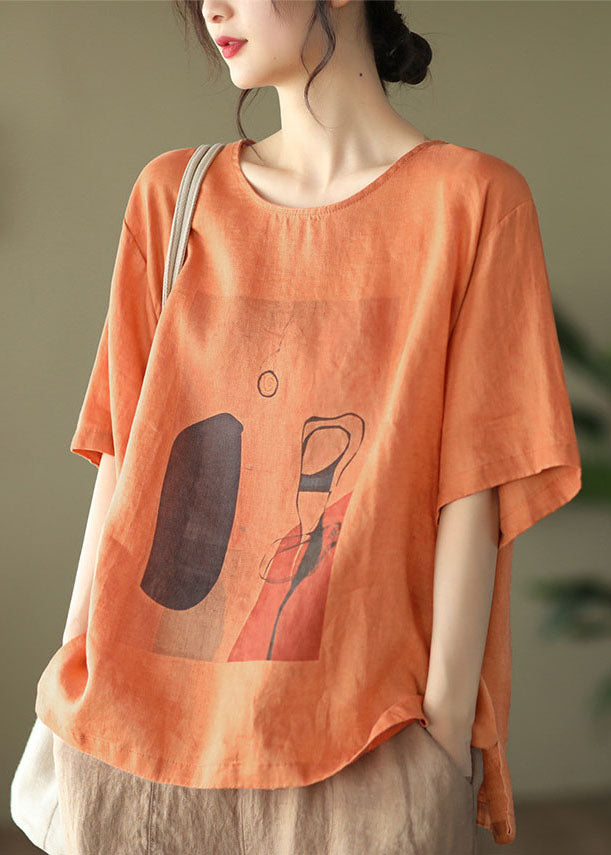 Orange O-neck Patchwork Linen Top Short Sleeve