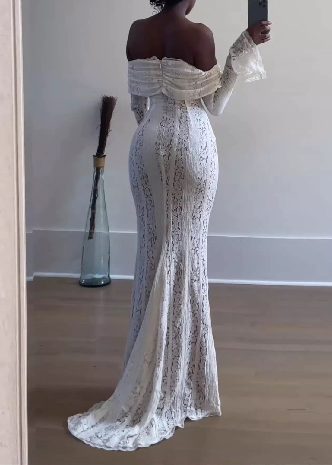 White Slash Neck Off Shoulder Long Dress Flared Sleeves