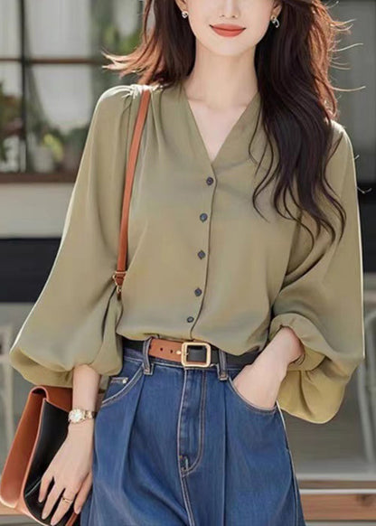 Simple Wasabi Green V Neck Button Cotton Blouses Fall