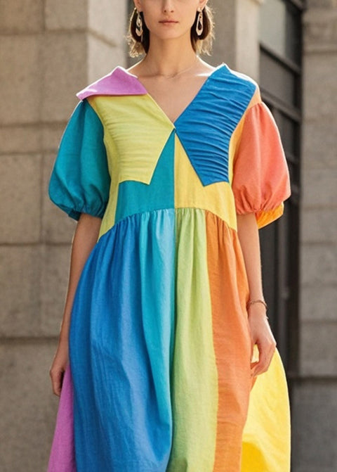 Colorblock Asymmetrical Patchwork Wrinkled Cotton Vacation Dresses Summer
