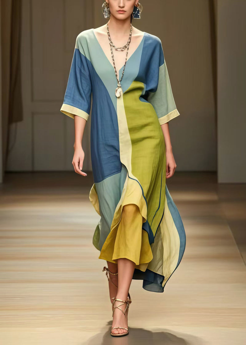 Colorblock Asymmetrical Patchwork Cotton Long Dress Summer