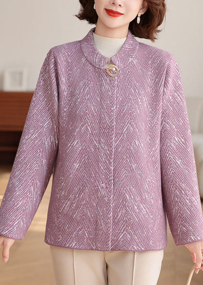 New Purple O-neck Patchwork Knit Cardigan Fall