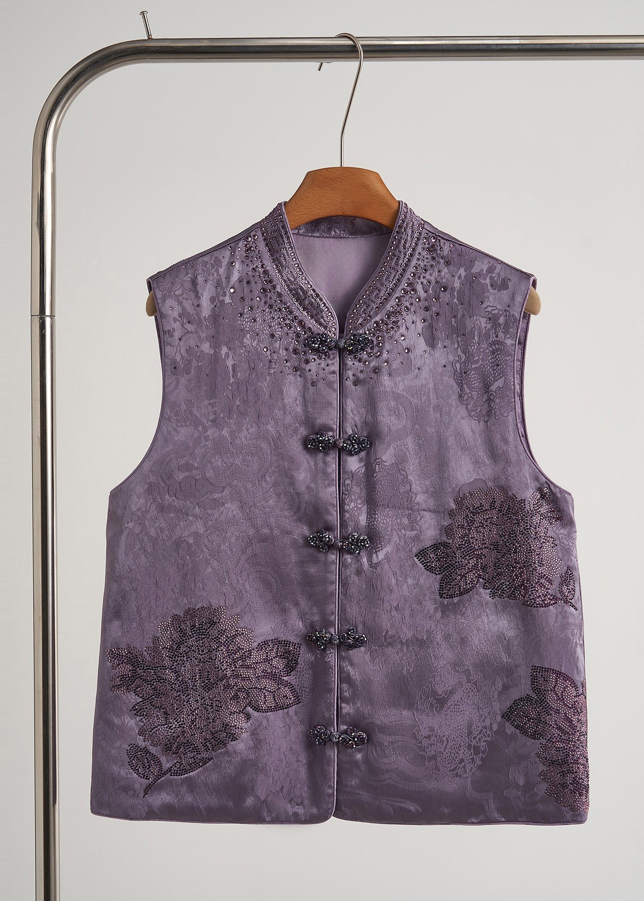 Purple Mandarin Collar Rhinestone Silk Velvet Vests Fall