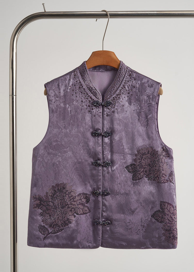 Purple Mandarin Collar Rhinestone Silk Velvet Vests Fall