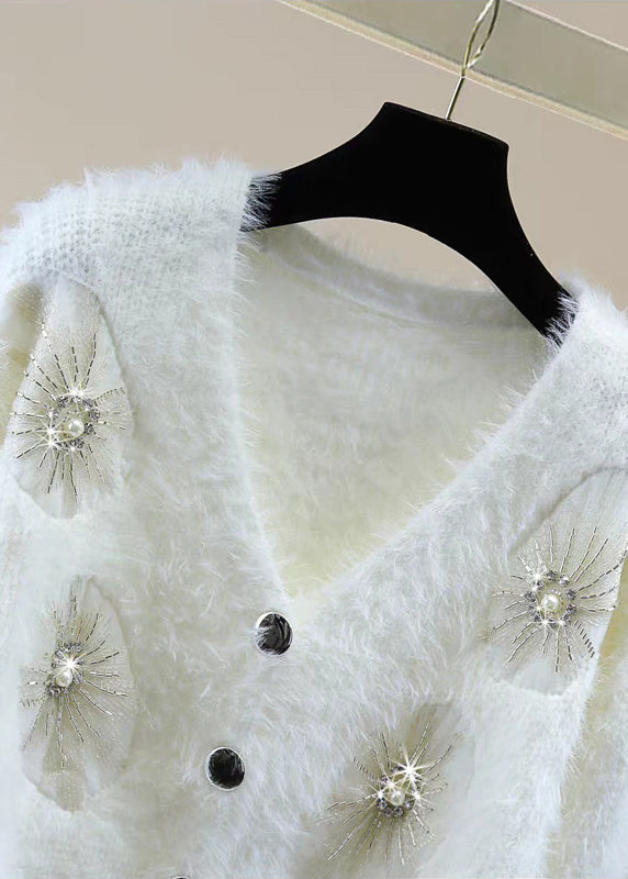 Pink V Neck Zircon Thick Mink Hair Knitted Sweater Winter
