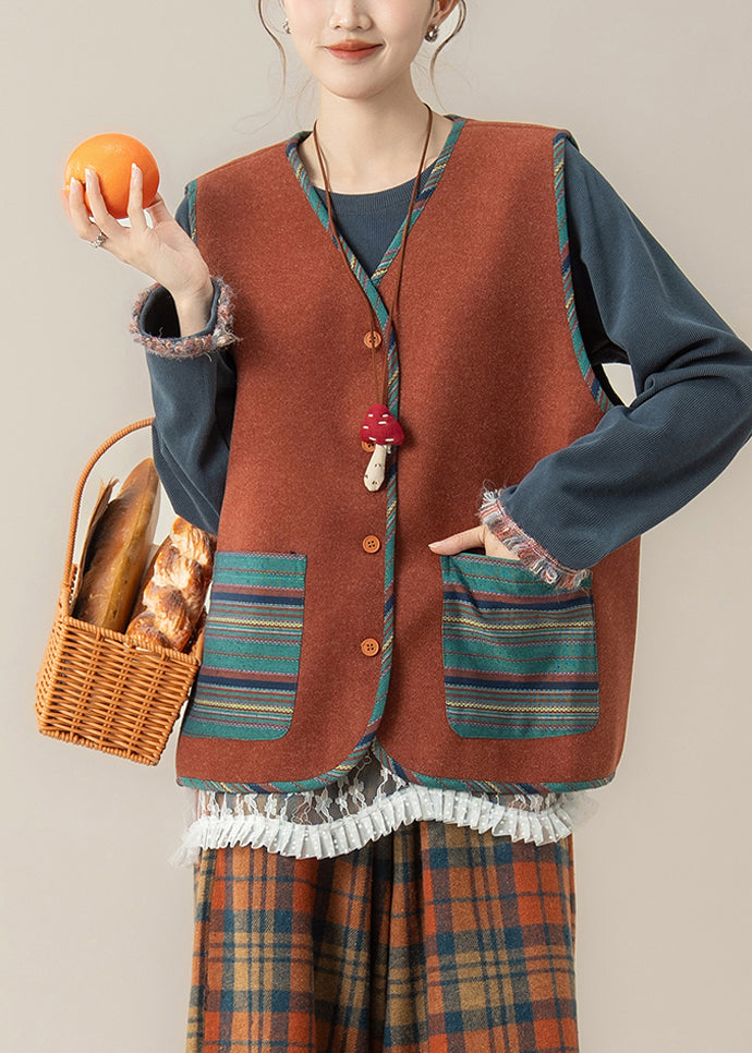 Red Striped Pockets Button Waistcoat and Top Two Piece Set Fall