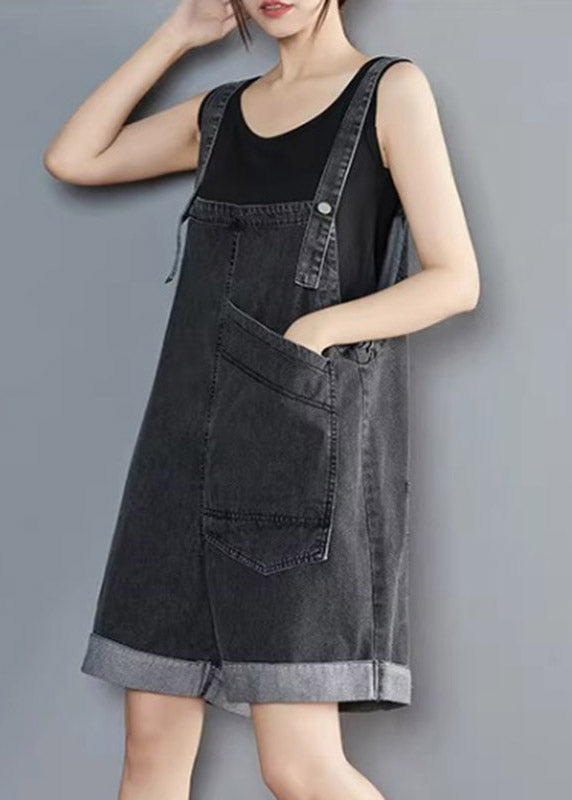Handmade Black Asymmetrical Patchwork Pockets Denim Jumpsuit Sleeveless
