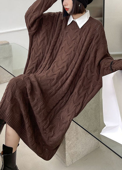 Classy Coffee O-neck Jacquard Fall Sweater Dress