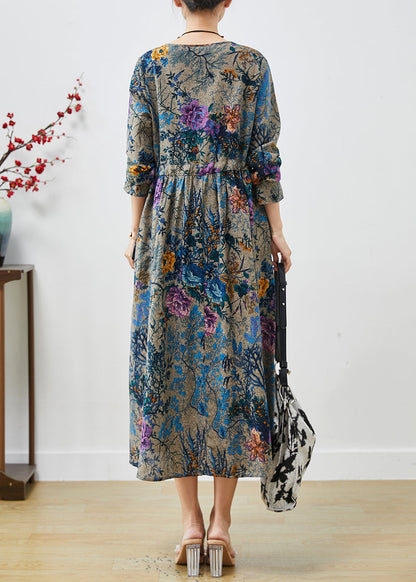 Peacock Blue Cinched Print Cotton Dress Spring
