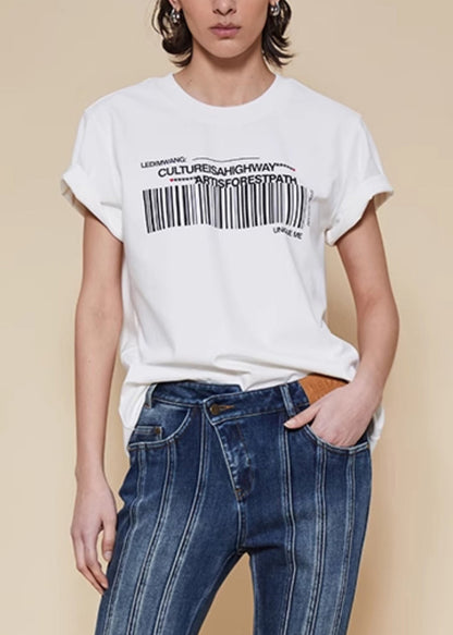 White O Neck Print Cotton T Shirts Summer