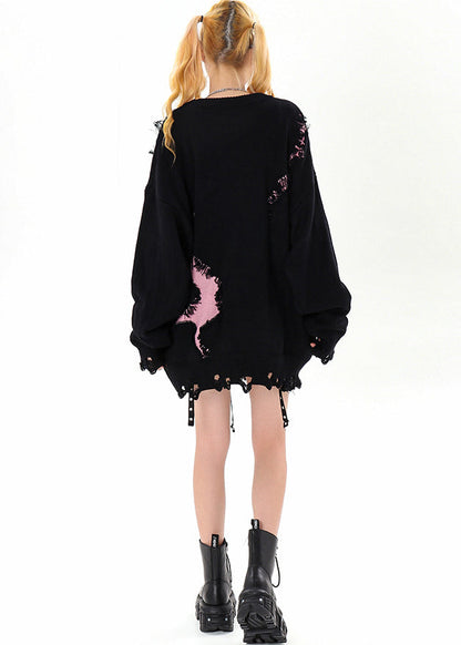 Diy Black Oversized Patchwork Ripped Sweater Winter